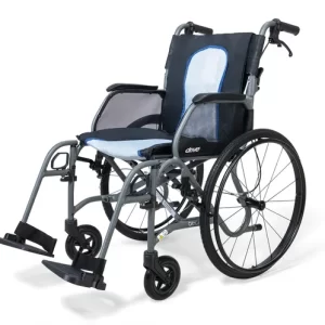 The AeroMg Self Propel is a lightweight manual wheelchair featuring large rear wheels, small front wheels, a black seat and backrest, armrests, and footrests, displayed against a white background.