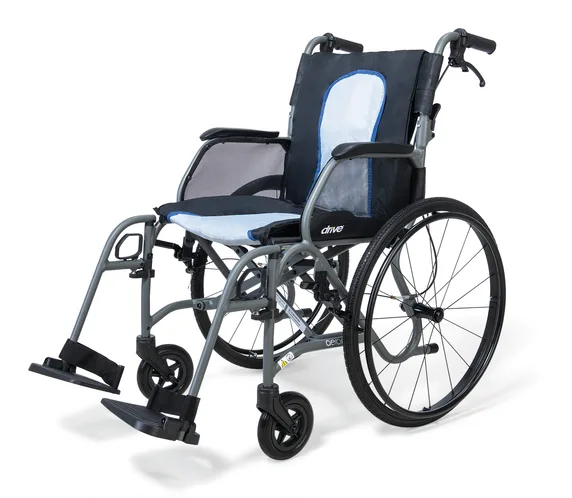 The AeroMg Self Propel is a lightweight manual wheelchair featuring large rear wheels, small front wheels, a black seat and backrest, armrests, and footrests, displayed against a white background.