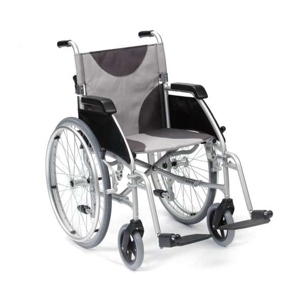 The Ultra Lightweight Self-Propel Aluminium wheelchair, featuring large rear wheels, small front wheels, black armrests, and a grey seat and backrest, is displayed on a white background.
