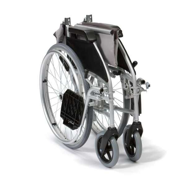 An Ultra Lightweight Self-Propel Aluminium wheelchair, folded upright with large rear wheels and smaller front wheels, displayed on a white background.