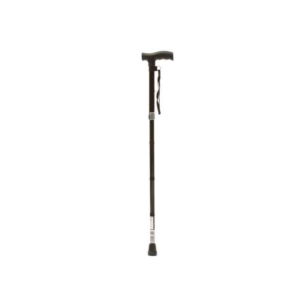 A Folding Walking Stick, featuring a black finish, adjustable height, curved handle, wrist strap, and rubber tip, is pictured against a plain white background.