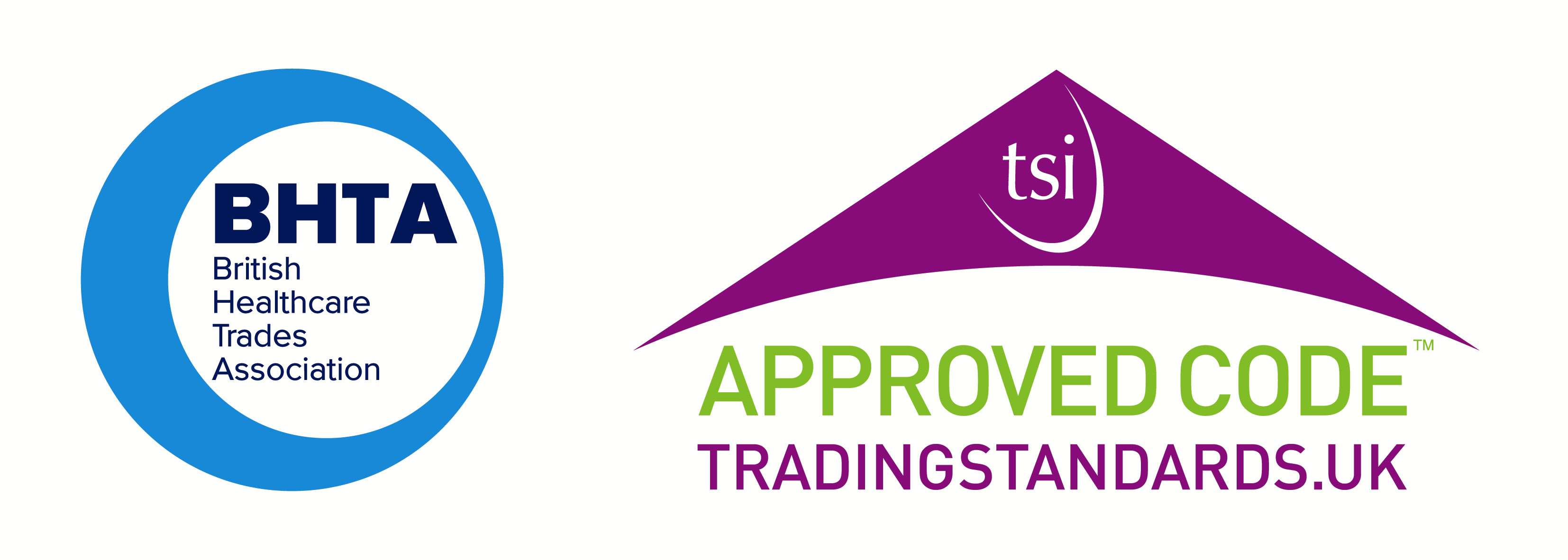 BHTA British Healthcare Trades Association logo and Trading Standards UK Approved Code logo appear side by side.