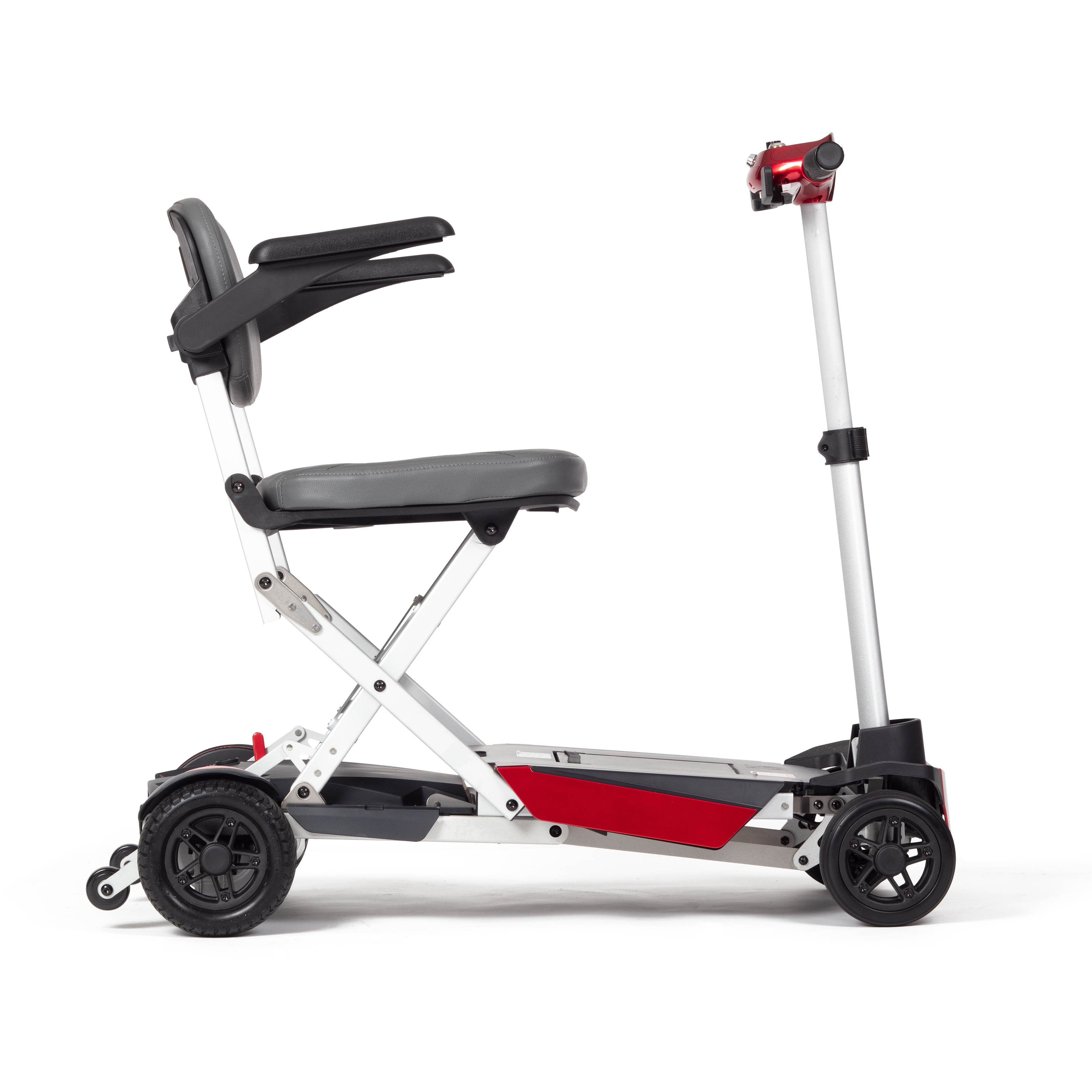 A foldable mobility scooter with three wheels, a padded seat, armrests, and a handlebar, shown from the side against a white background.