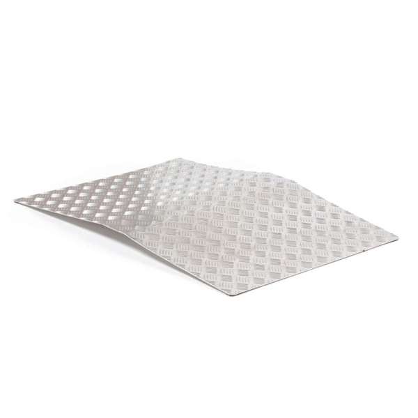 A flat, rectangular metal sheet with a raised diamond pattern, slightly lifted at one corner, on a white background.