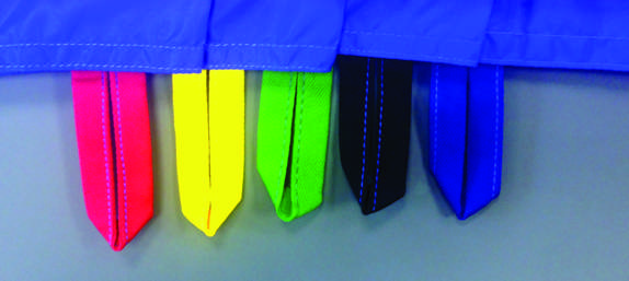 Reusable Tubular Slide Sheets, shown as a blue fabric sheet with five colourful hanging loops in red, yellow, green, black, and blue.