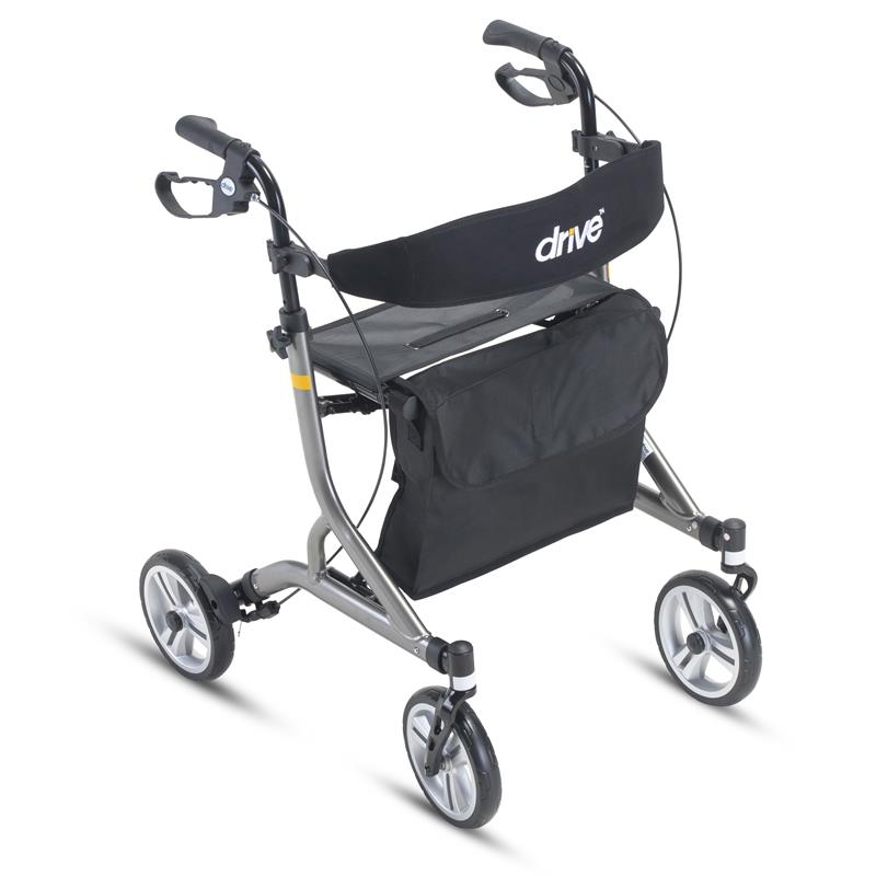 A grey Nitro SL Rollator with four wheels, a black seat, a backrest, and a storage pouch.