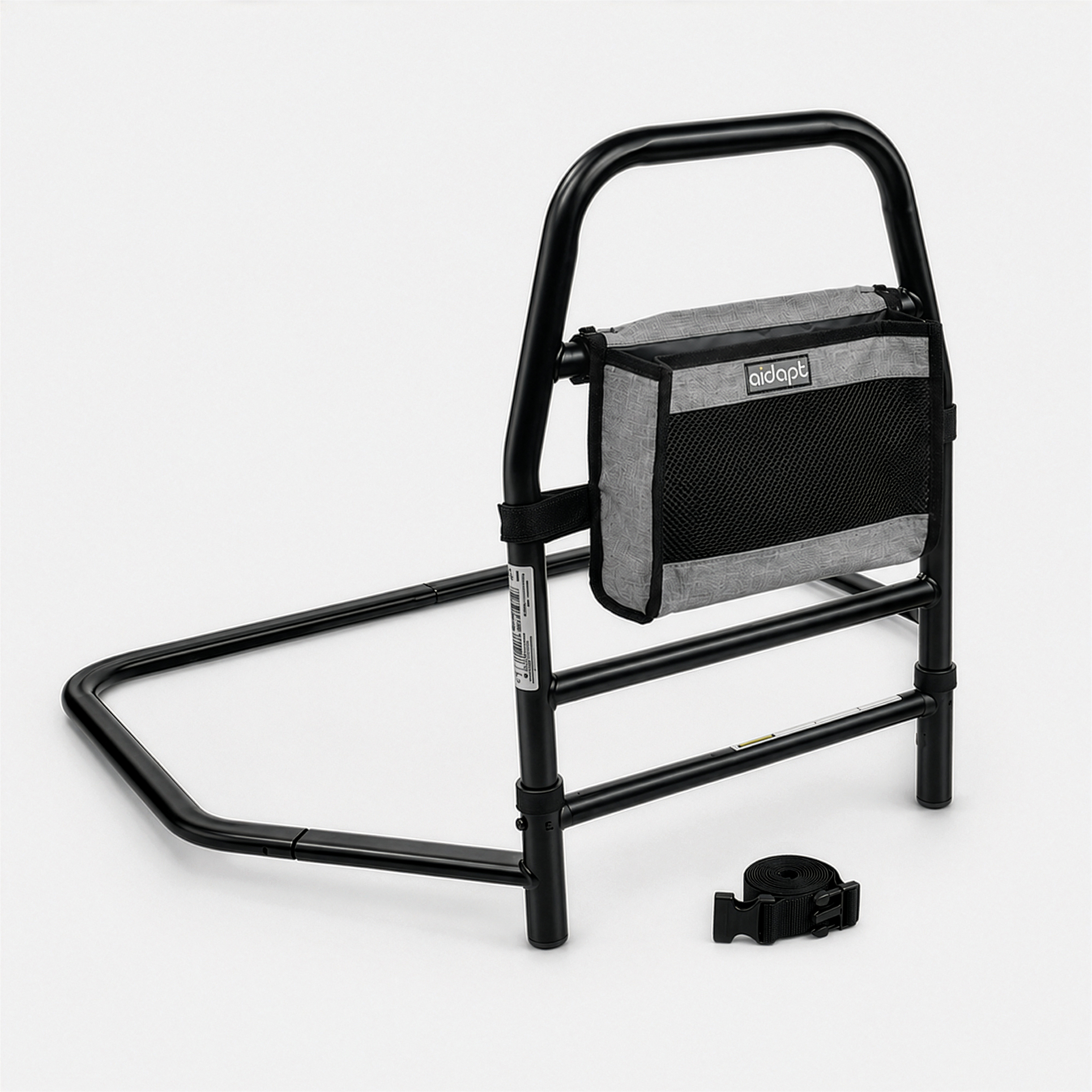 Solo Bed Transfer Aid, Black, featuring a metal handle with an attached grey storage pouch and a separate safety strap.