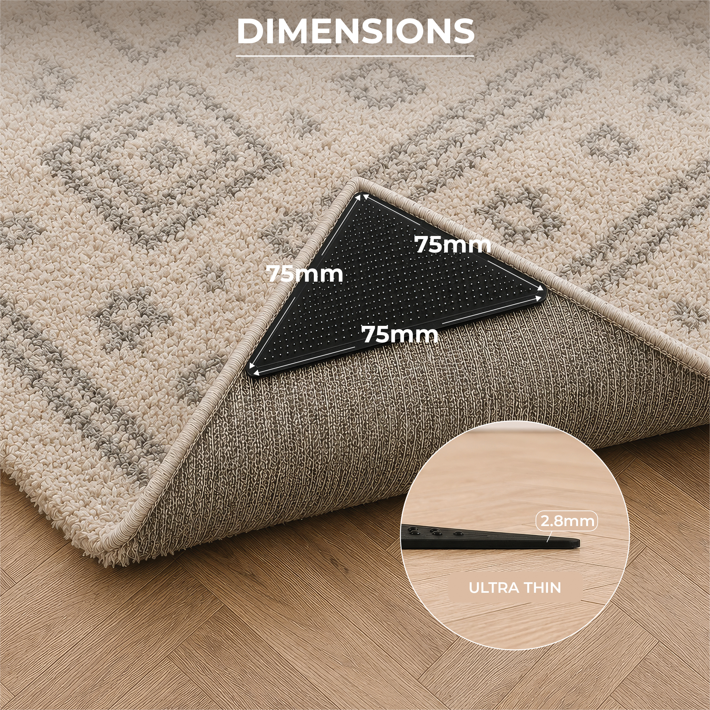 A triangular Rug Stops (Pack of 8) gripper placed under a rug corner, with labels showing dimensions of 75mm on each side and a thickness of 2.8mm.