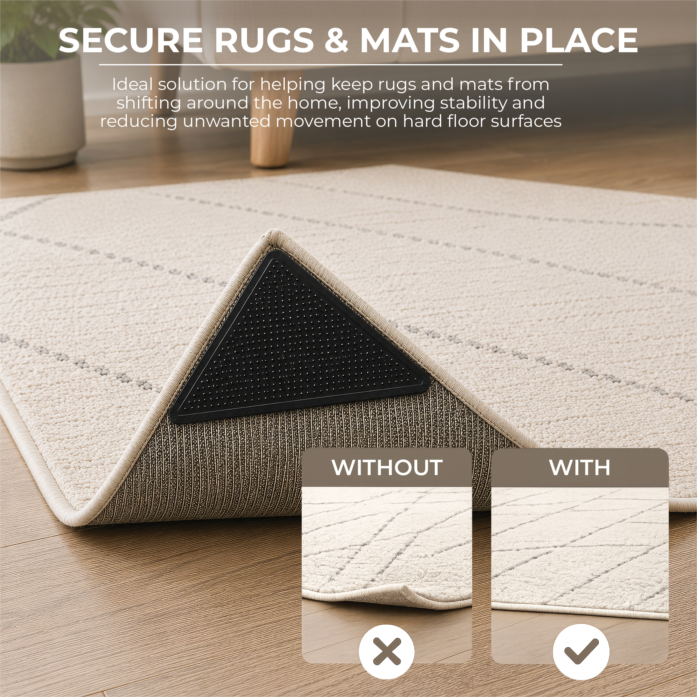 A triangular Rug Stop (Pack of 8) adhesive gripper on a rug corner, with insets showing a curled corner versus one held flat, labelled: “Secure rugs & mats in place.”