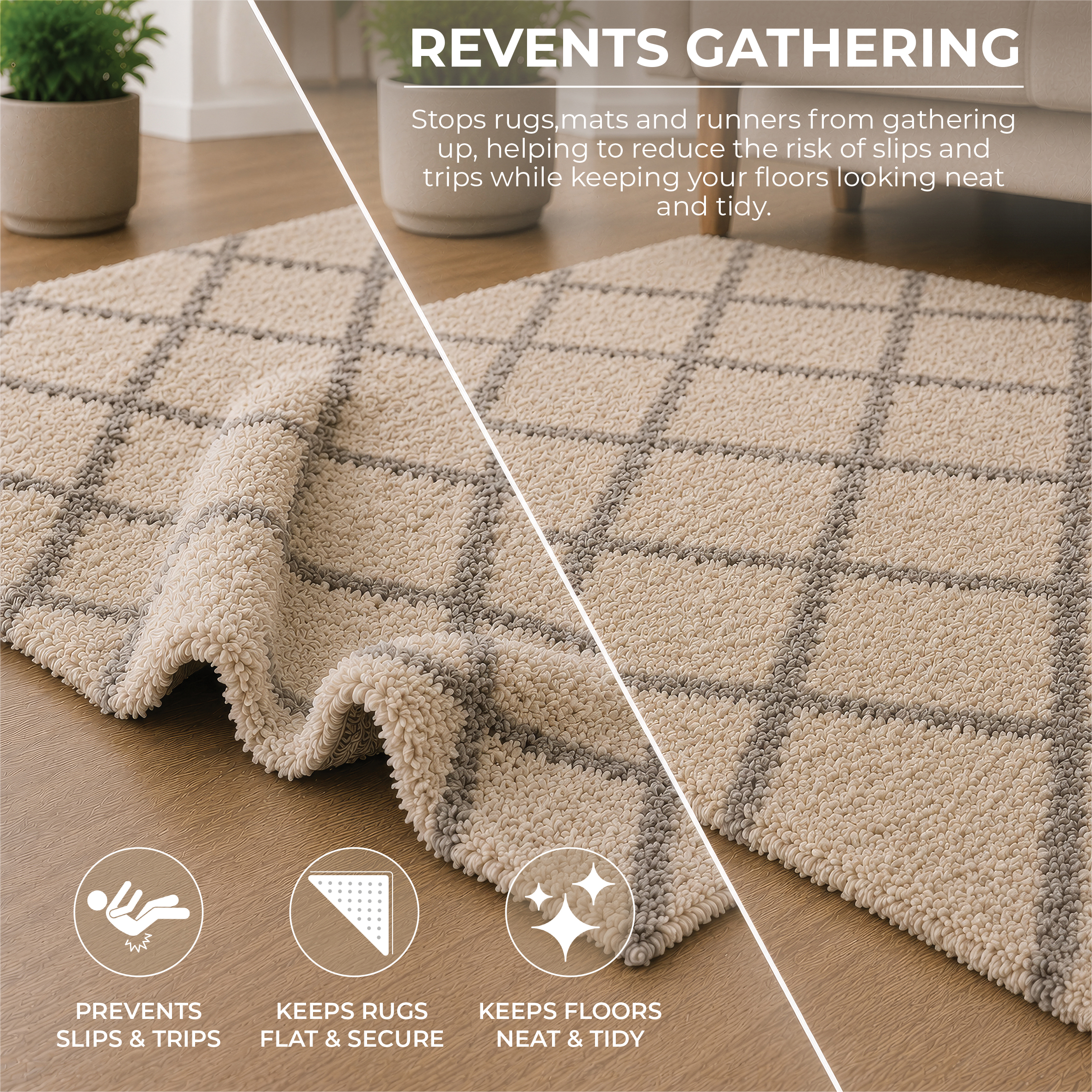 A tan and grey diamond-patterned rug on a wooden floor with a graphic overlay explaining how Rug Stops (Pack of 8) prevent slipping, keep rugs flat, and maintain a tidy appearance.