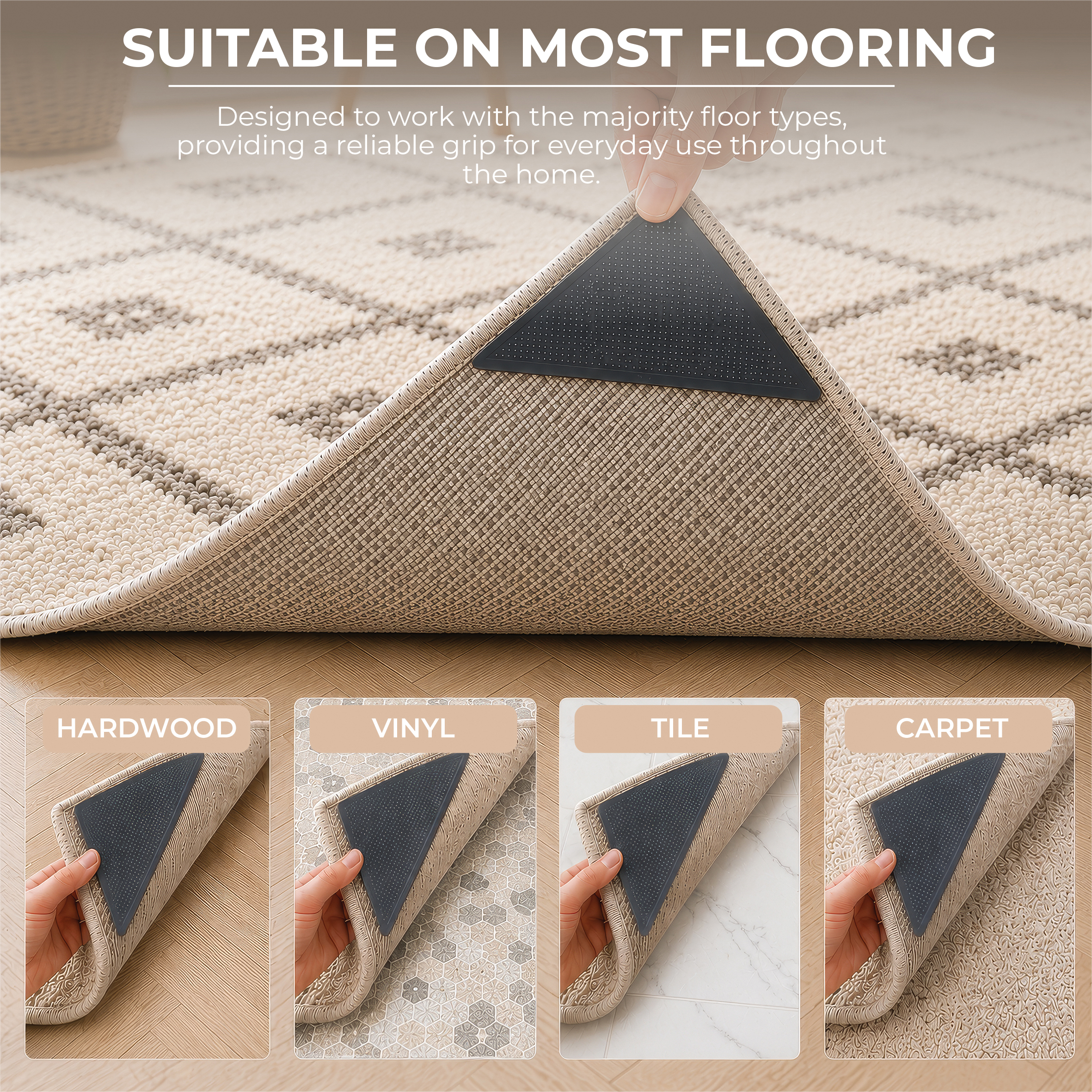 A person applies a triangular Rug Stops (Pack of 8) adhesive gripper to a rug corner on hardwood, vinyl, tile, and carpet flooring, with text reading: “Suitable on most flooring.”