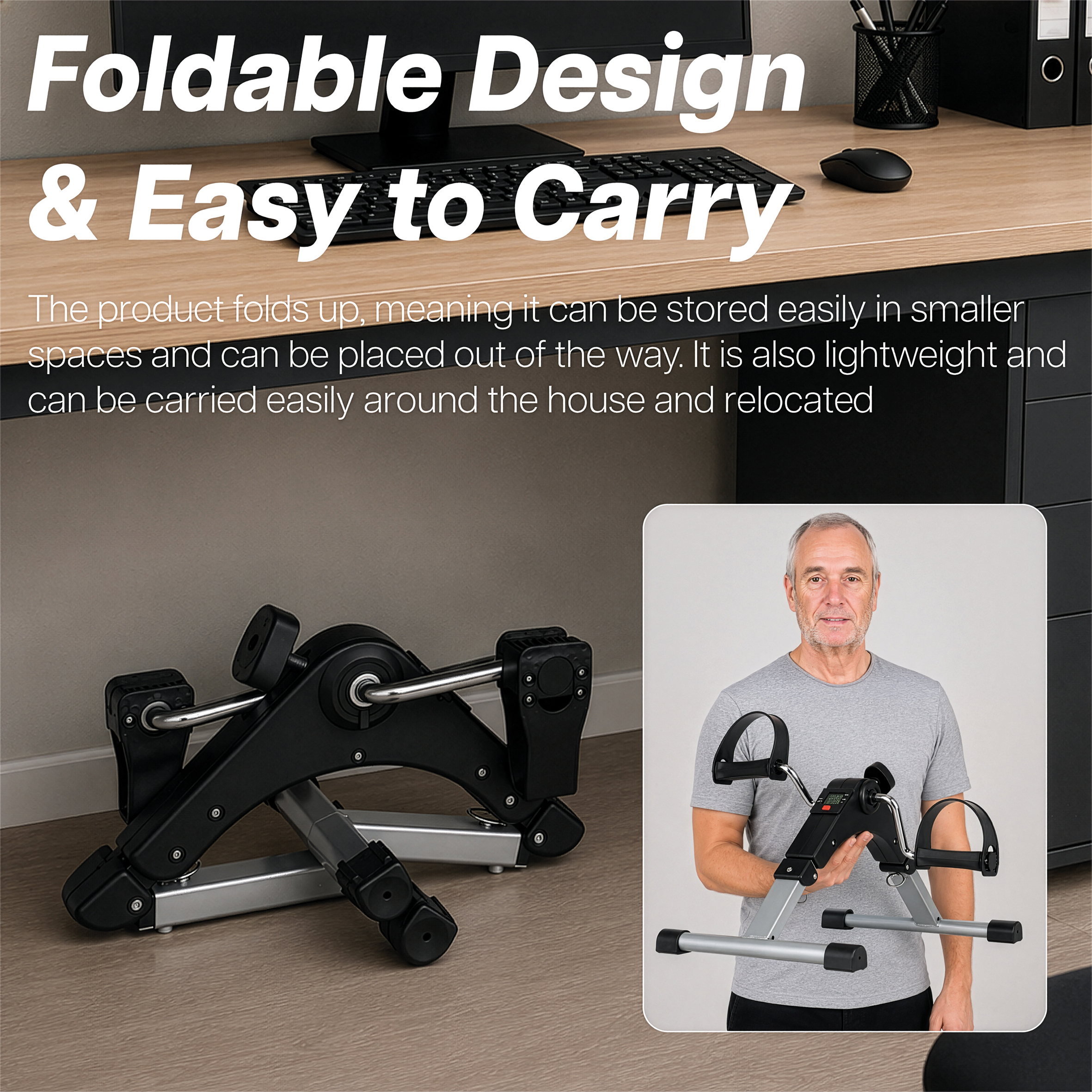 A portable Pedal Exerciser with Digital Display shown folded on the floor and being held by a person.