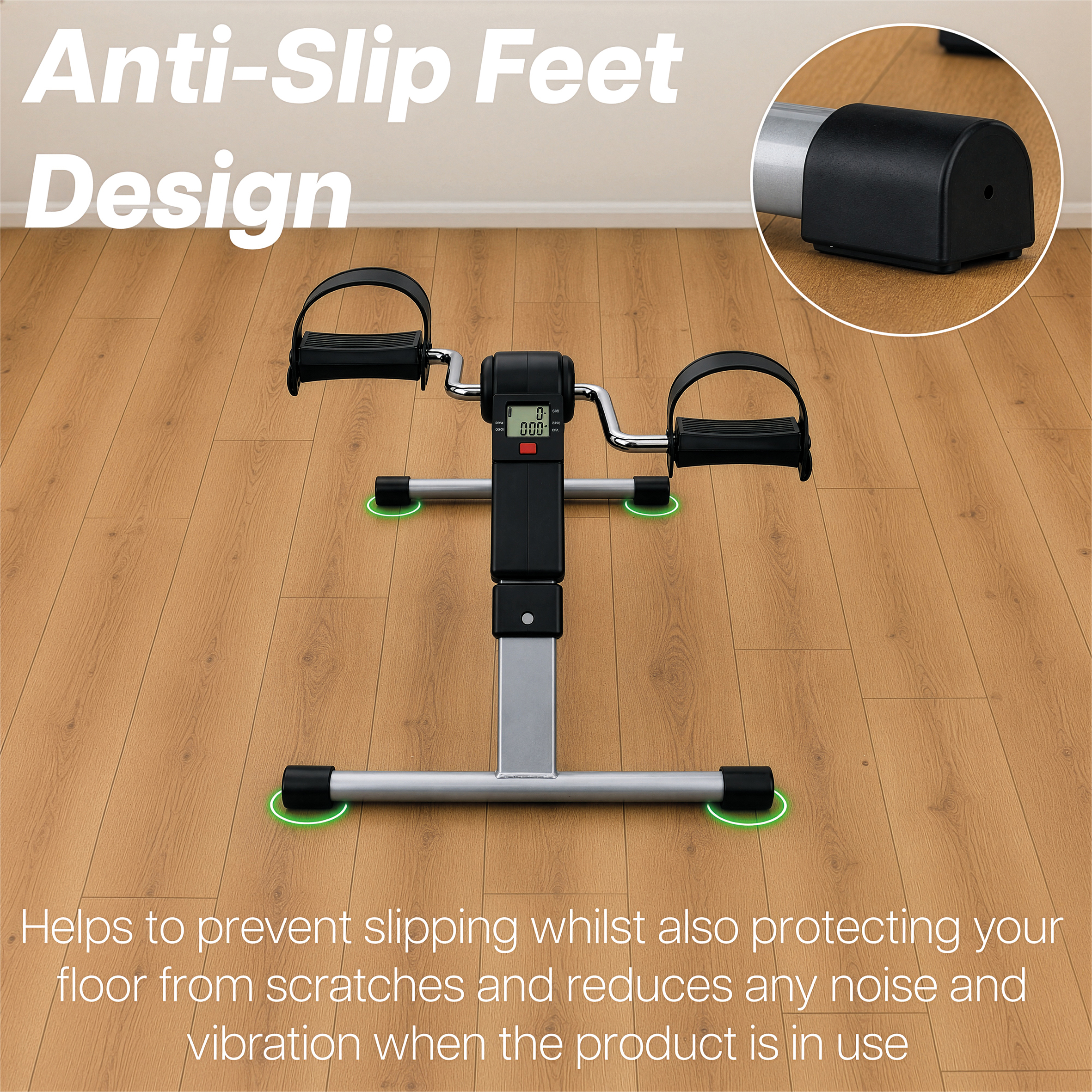 Pedal Exerciser with Digital Display on a wooden floor, with an inset close-up of a rubber anti-slip foot and text highlighting its slip-resistant and floor-protecting design.