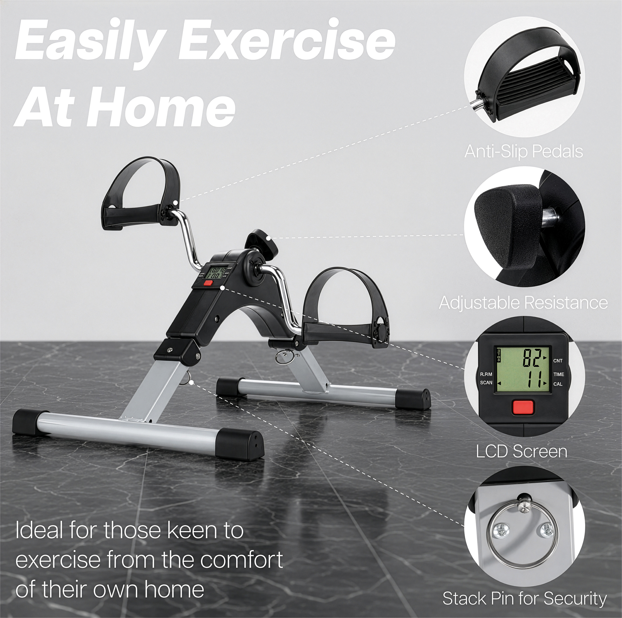 Pedal Exerciser with Digital Display featuring circular call-outs highlighting the pedals, resistance knob, LCD screen, and security pin.