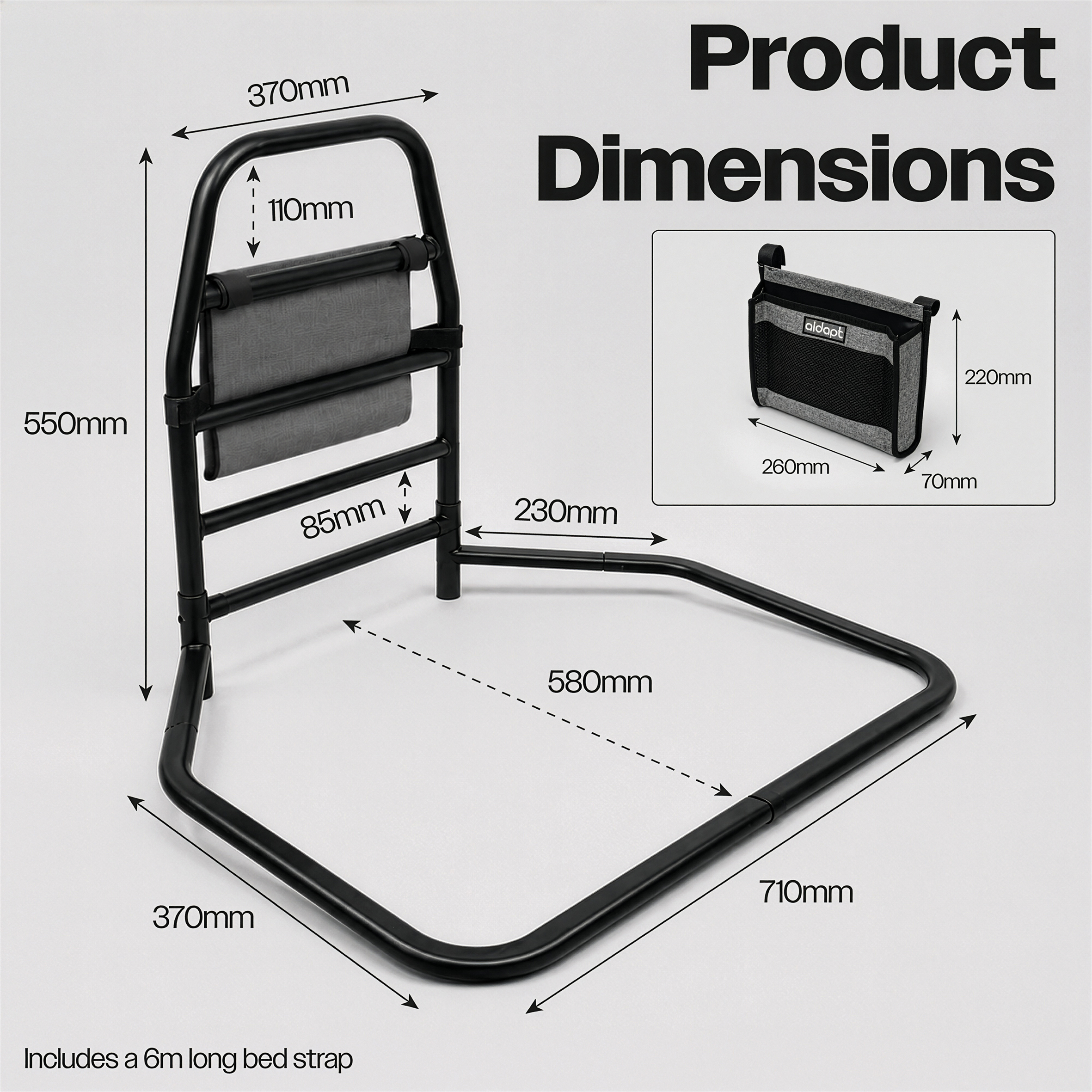 Solo Bed Transfer Aid, Black, featuring dimensions, an inset showing a detachable storage pouch, and a 6m long bed strap.
