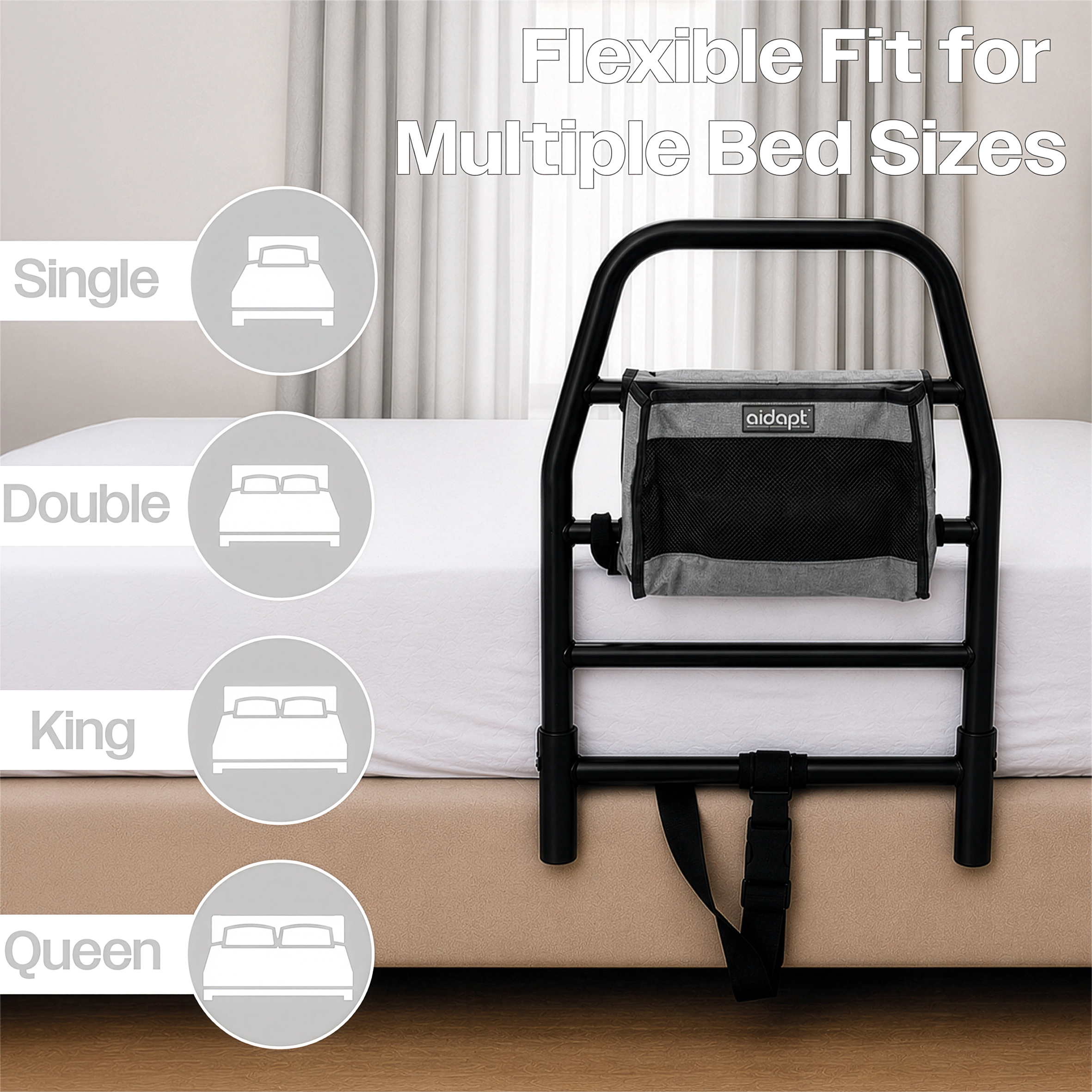 Solo Bed Transfer Aid, Black, fitted to the side of a bed with an attached storage pouch, alongside a graphic indicating compatibility with single, double, king, and queen bed sizes.