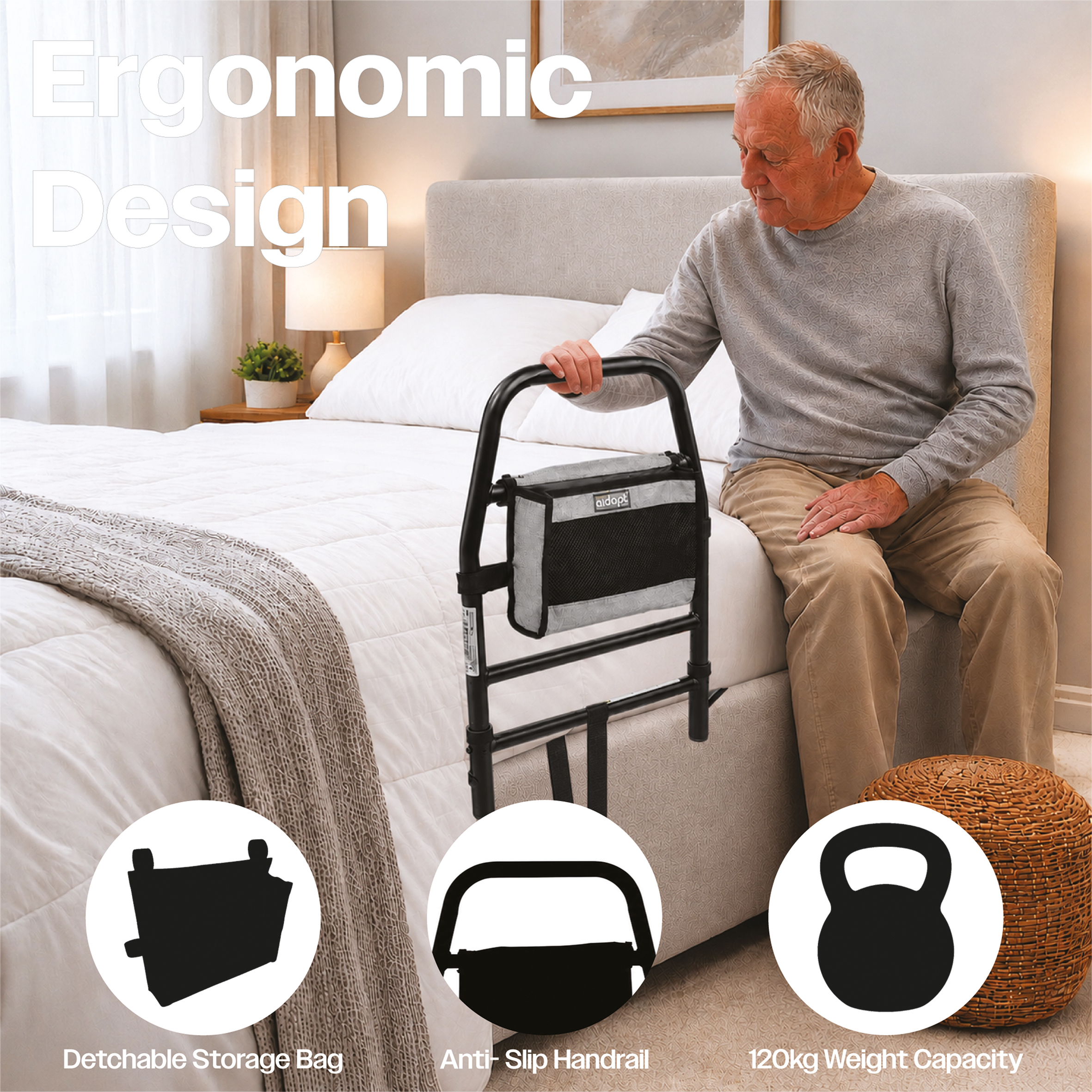 An older man sits on a bed holding a black Solo Bed Transfer Aid with an attached storage pouch, illustrated below by icons of the pouch, rail, and a 120-kilogram weight capacity.