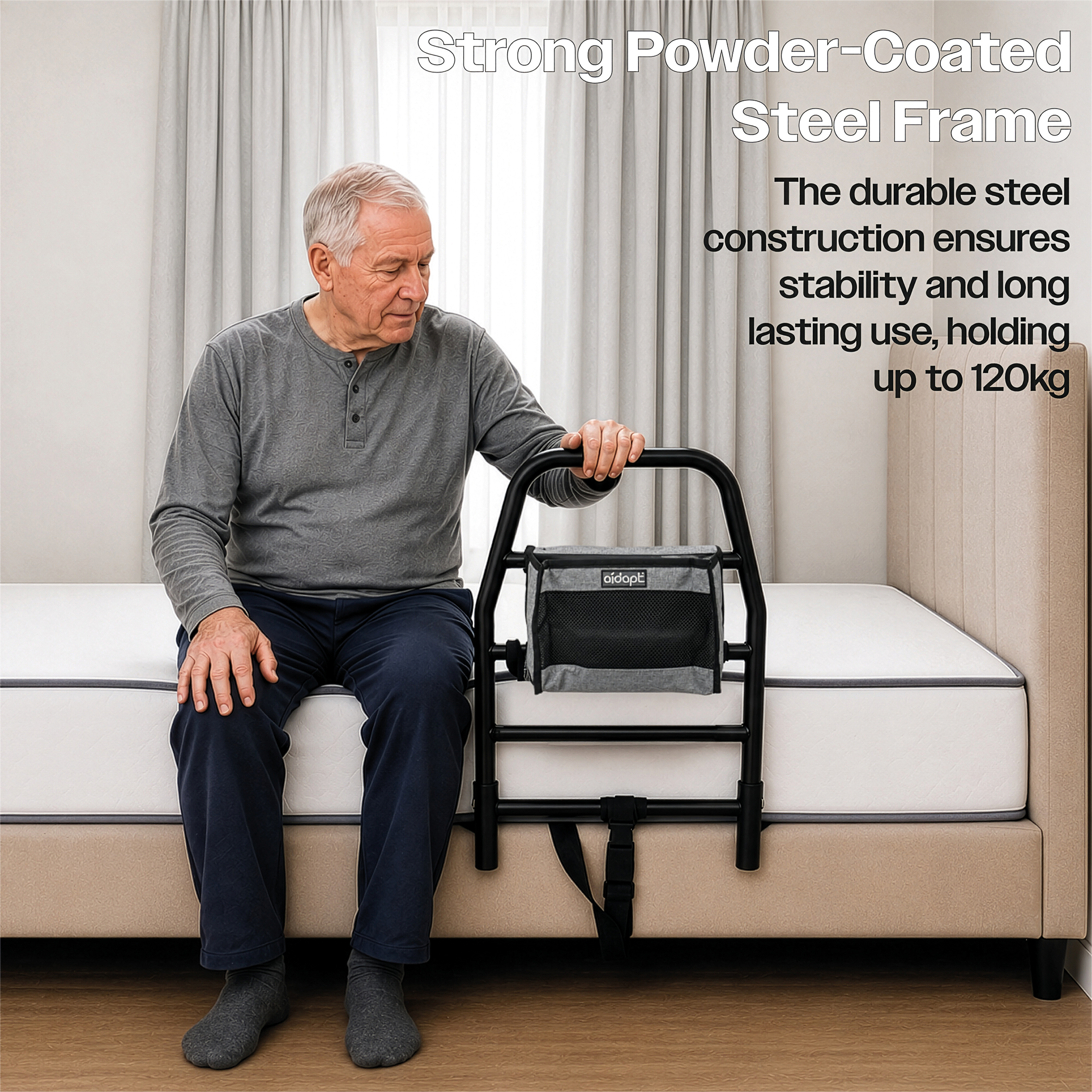 An elderly man sits on the edge of a bed, resting his hand on a black Solo Bed Transfer Aid with an attached storage pouch; text highlights its steel frame and 120kg weight capacity.